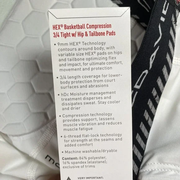 McDavid Compression Pants Mens 2XL XXL White HEX 3/4 Basketball Tailbone Padded - Picture 8 of 11
